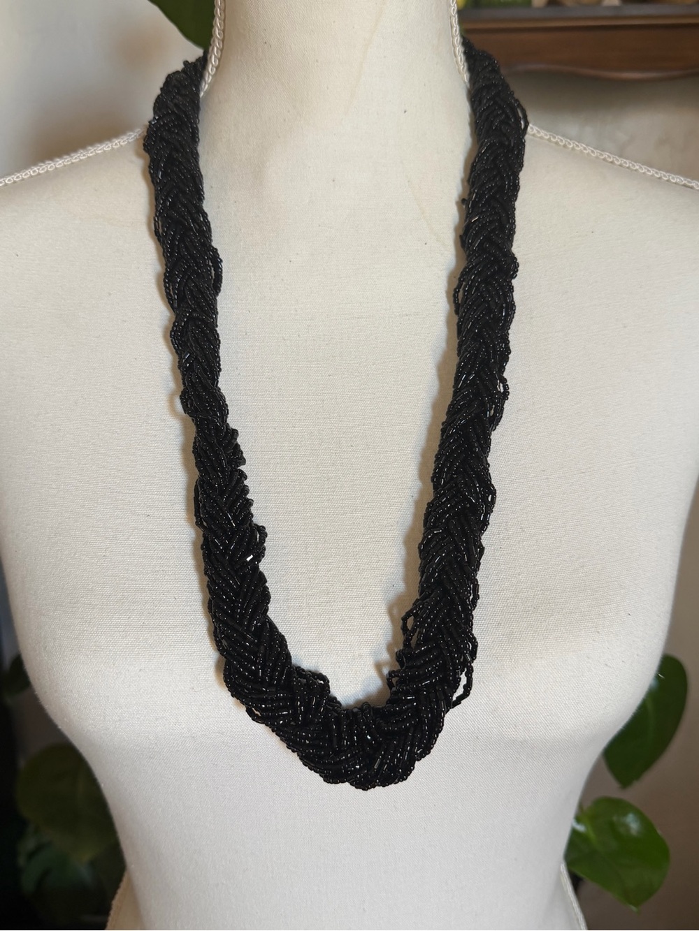 Vintage Shimmering Glass Black Twisted Seed Bead Statement Beaded Necklace